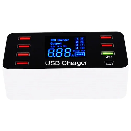 QC3.0 7-USB / Type-C Intelligent Display Charger - White AU Plug